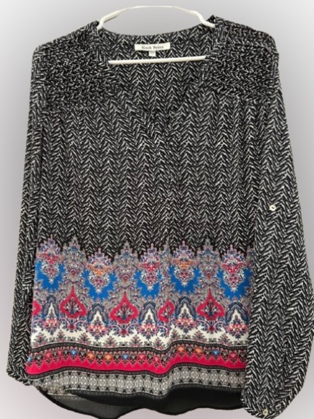 Black Rainn Black and White L Patterned Long-Sleeve Top  Pink and Blue Border